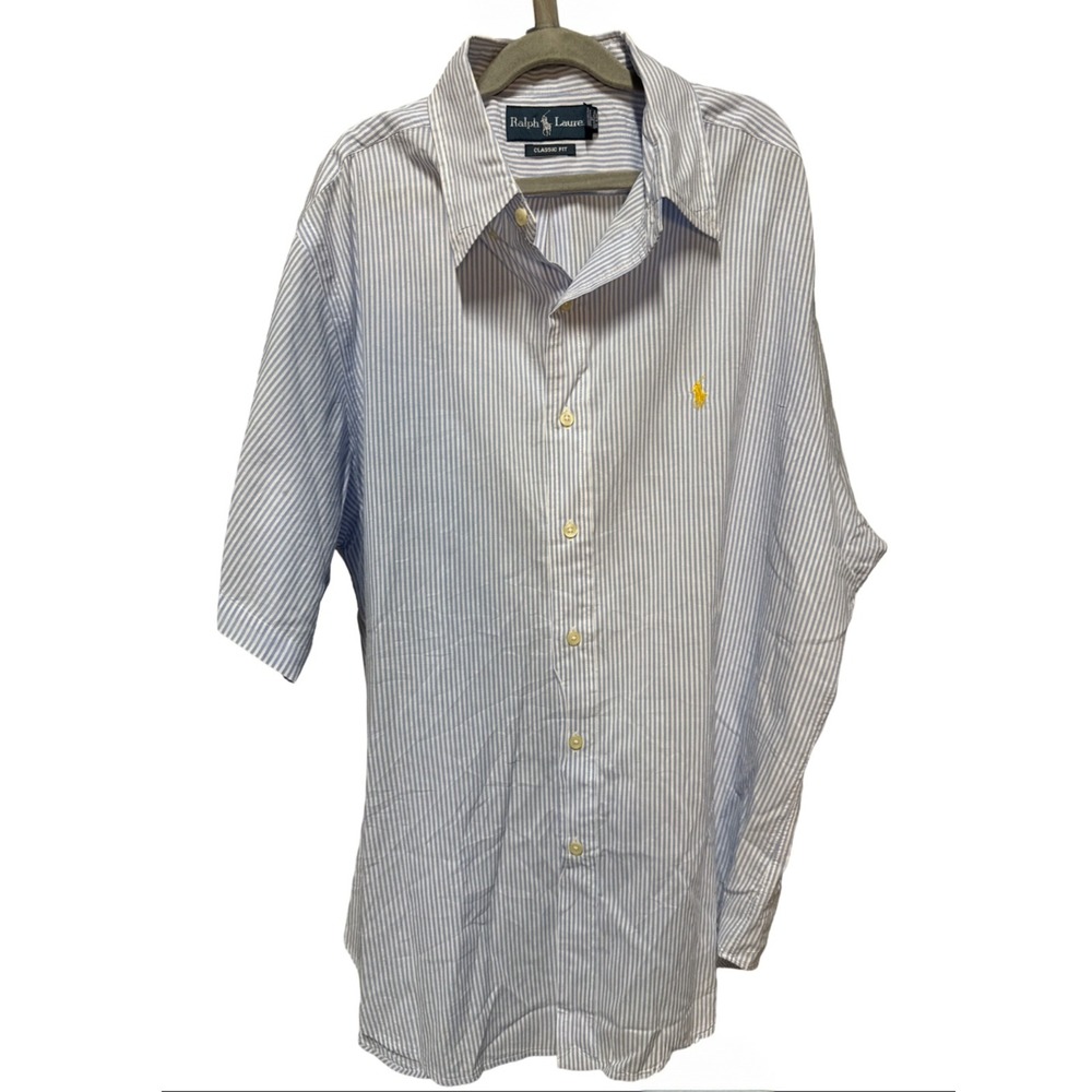 Ralph Lauren Button Up Short Sleeve Shirt Size Large Blue Striped Classic Fit